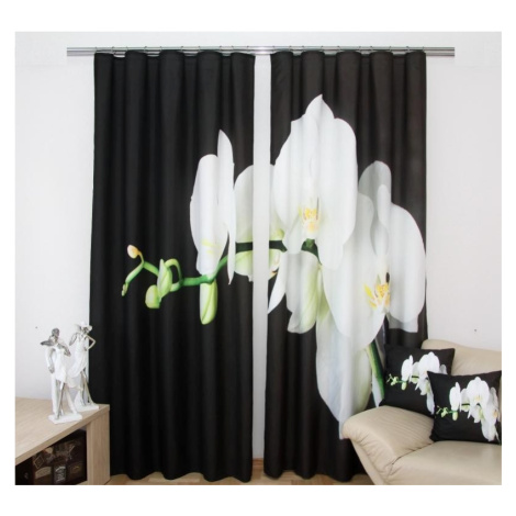 Hotový závěs černý s bílou orchidejí Šířka: 160 cm | Délka: 250 cm (v sadě jsou 2 kusy)