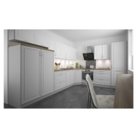 Rohová kuchyně CHANIE 450/570 cm, korpus grey, dvířka light grey stone + white