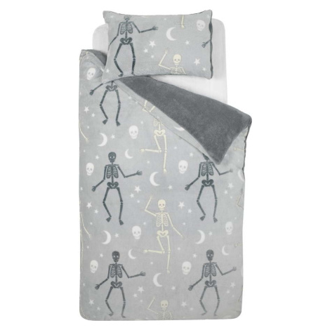 Šedé dětské povlečení se svítícím efektem na jednolůžko z mikroplyše 135x200 cm Halloween Skelet Catherine Lansfield