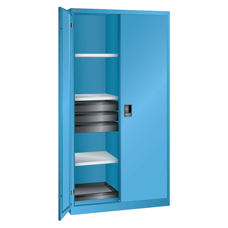 LISTA Skříň s otočnými dveřmi, v x š x h 1950 x 1000 x 580 mm, 8 polic a 6 zásuvek, světlá modrá