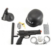Sada policie helma + pistole na setrvačník s doplňky bílá Policie