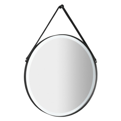 Sapho ORBITER kulaté zrcadlo s LED osvětlením ø 70cm, kožený pásek, černá mat