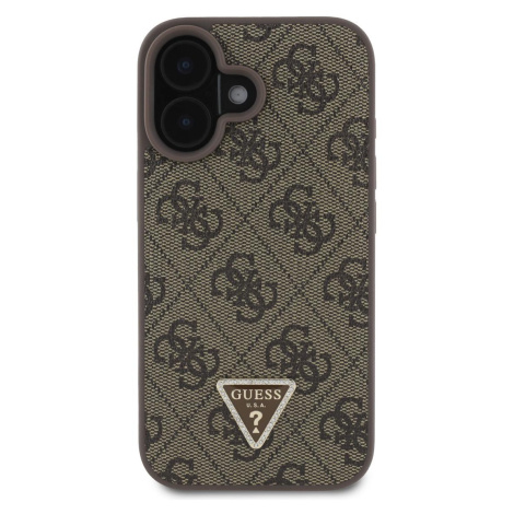 Guess PU 4G Strass Triangle Metal Logo Zadní Kryt + Crossbody Popruh pro iPhone 16 Brown