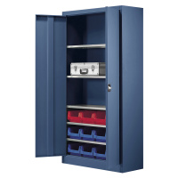 mauser Skladová skříň, jednobarevná, s 12 přepravkami s viditelným obsahem, 5 polic, modrá