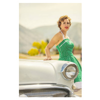 Ilustrace 1950s Woman Leaning on a Vintage Car, JasonDoiy, 26.7 × 40 cm