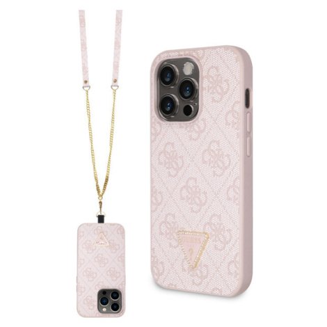 Guess PU 4G Strass Triangle Metal Logo Kryt + Crossbody Popruh iPhone 15 Pro Max růžový