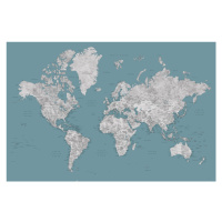 Mapa Teal and grey detailed watercolor world map with cities, Urian, Blursbyai, 40x26.7 cm