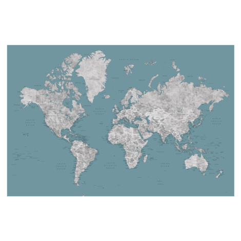 Mapa Teal and grey detailed watercolor world map with cities, Urian, Blursbyai, 40 × 26.7 cm