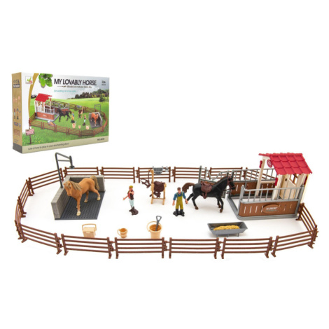 Výběh/Ohrada pro koně + ošetřovatelé + kůň 2ks plast s příslušenstvím v krabici 39x27x8,5cm Teddies