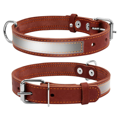 Petproducts Reflexní hnědý kožený obojek 32-40 cm