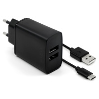 FIXED síťový adaptér 15 W Smart Rapid Charge s 2xUSB výstupem a USB/USB-C kabel černý