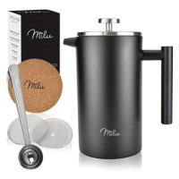 Milu French Press z nerezové oceli 1 l, černý, vč. 5 šálků, tácku, lžíce a náhradního filtru