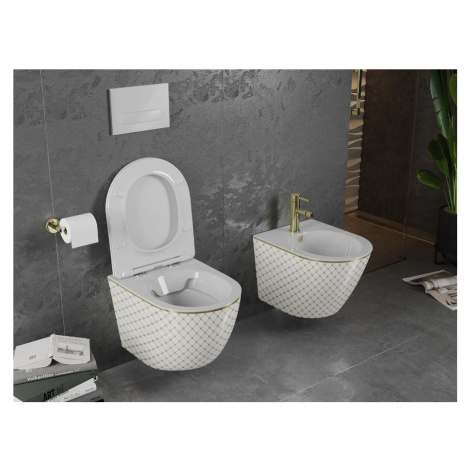 MEXEN Lena Závěsná WC mísa včetně sedátka s slow-slim, duroplast, bílá/zlatý vzor 30224009