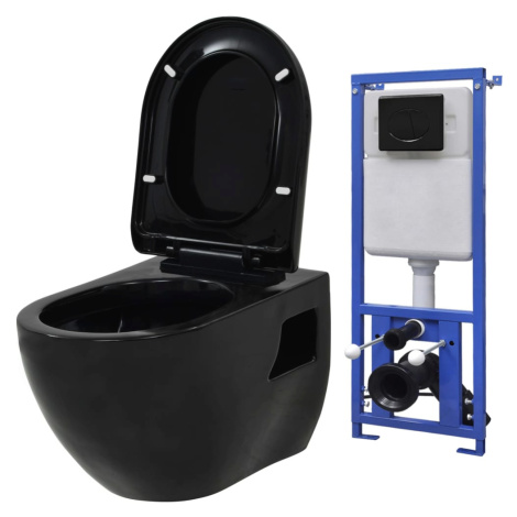 vidaXL Závěsná toaleta s podomítkovou nádržkou keramická černá