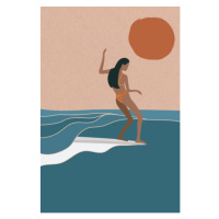 Ilustrace Female Surfer riding the wave, flat, LucidSurf, 26.7 × 40 cm