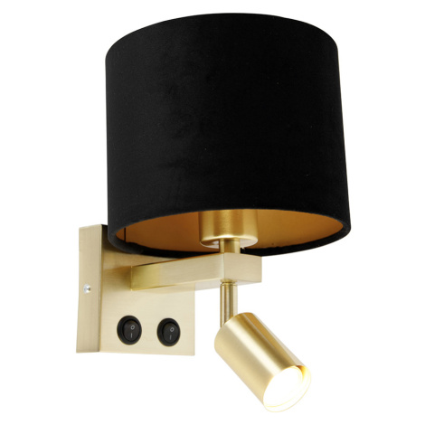 Nástěnná lampa mosazná s lampičkou na čtení a stínidlem 18 cm černá - Brescia QAZQA