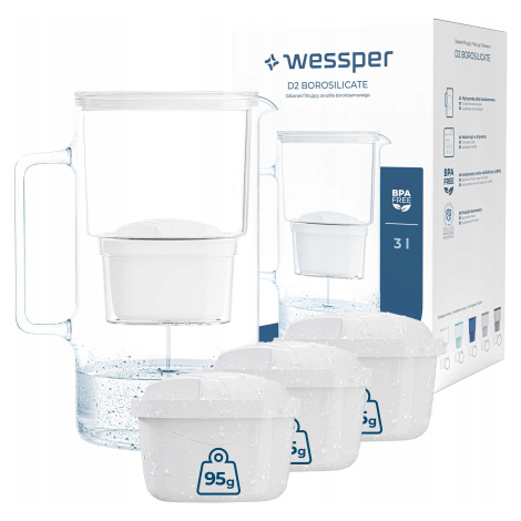 Skleněná Konvice Wessper D2 Borosilicate 3l 4x Filtrační Vložka Vody Wessper