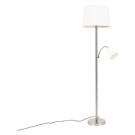 Klasická stojací lampa z oceli s bílým stínidlem a světlem na čtení - Retro QAZQA
