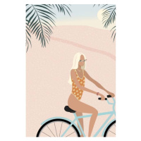 Ilustrace Surfer girl in bikini on bicycle, LucidSurf, 26.7 × 40 cm