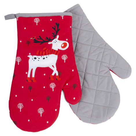 Vánoční kuchyňské rukavice chňapky RUDOLPHO červená 18x30 cm 100% bavlna Balení 2 kusy - levá a 