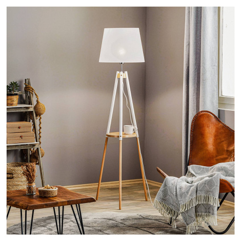 TK Lighting Stojací lampa Vaio s dřevěným rámem na trojnožce, bílé stínítko