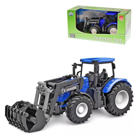 Traktor modrý 27cm s předním nakladačem volný chod plast v krabici