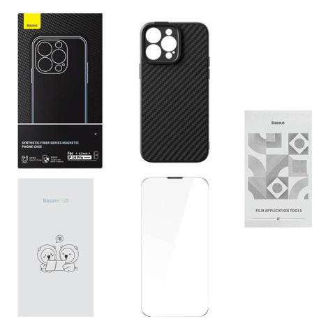 Baseus Magnetické pouzdro Baseus řady Synthetic Fiber pro iPhone 14 Pro (černé)+ tvrzené sklo + 