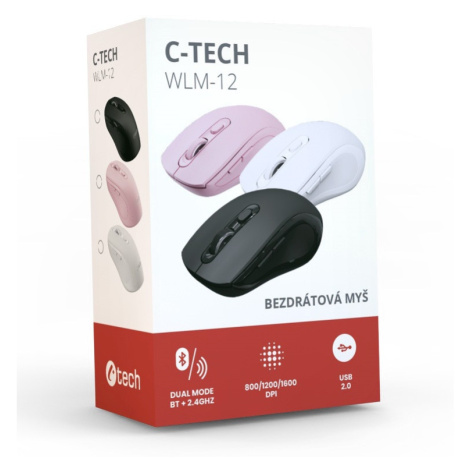 Myš C-TECH WLM-12PK Dual mode, bezdrátová, BT5.0 + 2,4GHz, 1600DPI, 6 tlačítek, USB nano receive