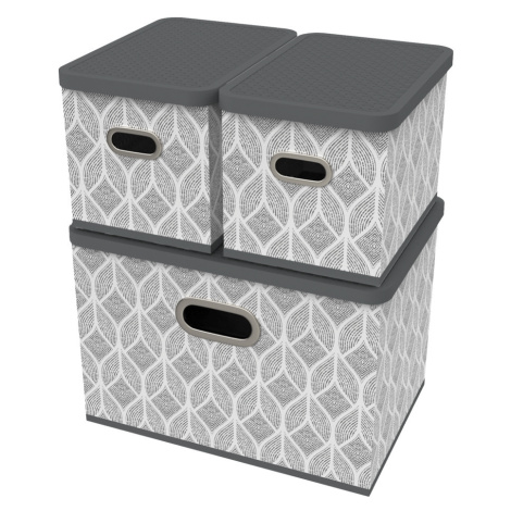 HomeLife Úložný box s víkem sada 3 ks - list šedo-bílá