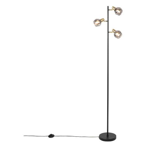 Stojací lampa ve stylu art deco černé a zlaté s kouřovým sklem 3-světlo - Vidro QAZQA