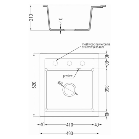 MEXEN Vito granitový dřez 1-miska 520x490 mm, černá / kovové zlato 6503521000-75