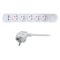 SOLIGHT PP152USBC prodlužovací přívod 3m 5 zásuvek, USB A+C 2.4A, bílý, 3x1mm2, vypínač