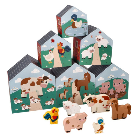 Adam Toys Domečky/pyramidy s 6 dřevěnými zvířátky, Farma