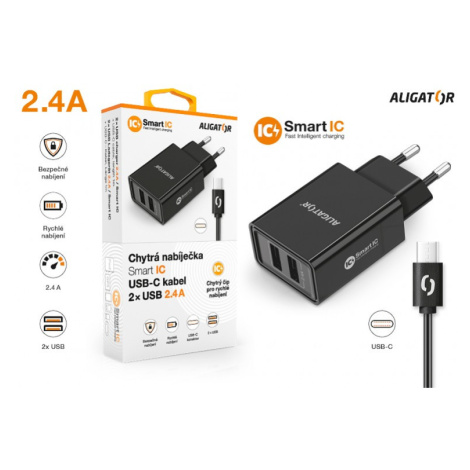 Chytrá síťová nabíječka ALIGATOR 2.4A, 2xUSB, smart IC, USB-C kabel 2A, černá