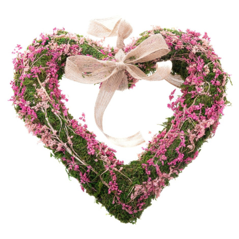 Závěsné mechové srdce se sušenými kvítky, růžová, 25 x 3,5 cm