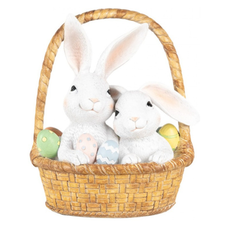 Velikonoční dekorace bílý králíčci sedící v košíku s vajíčky – 17x13x20 cm Clayre & Eef