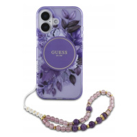 Pouzdro Guess pro iPhone 16 6.1 fialové IML Flowers With Pearl Strap MagSafe