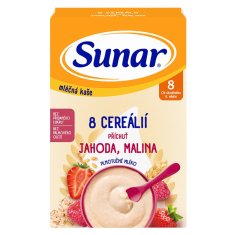 SUNAR mléčná kaše s 8 cereáliemi, jahoda, malina 210 g