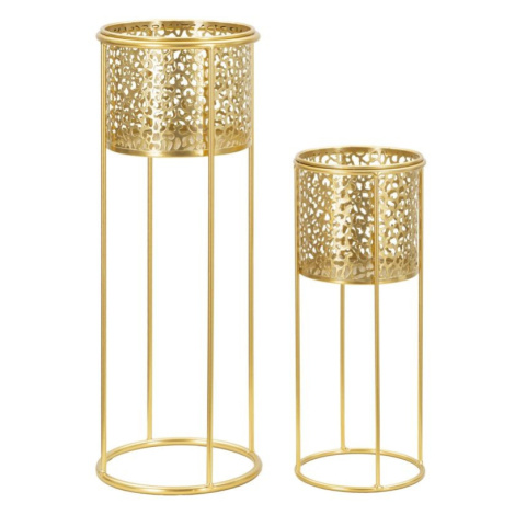 Estila Glamour sada kovových zlatých kulatých květináčů Molan s perforovanými vzory se stojanem