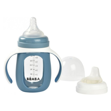 Beaba kojenecká láhev skleněná 2v1 se silikonovou ochranou Blue 210 ml