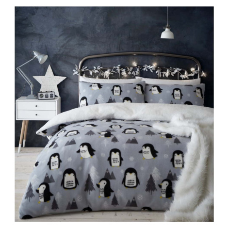 Šedé fleecové povlečení 200x135 cm Cosy Penguin - Catherine Lansfield