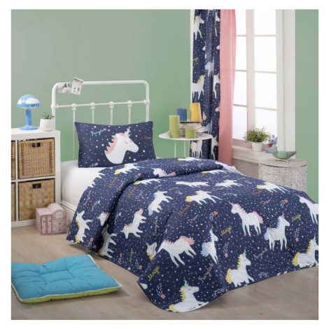 Set přehozu přes postel a povlaku na polštář s příměsí bavlny Eponj Home Magic Unicorn Dark Blue Mijolnir