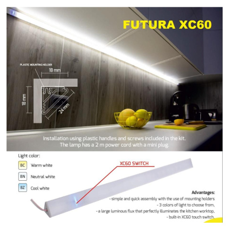 FUTURA SC60 nábytkové rohové svítidlo pod skříňky 18W/m se spínačem a stmívačem 900mm  FUTSC-090 LED21