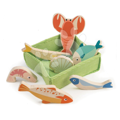 Dřevěné ryby a dary moře Fish Crate Tender Leaf Toys 7 kusů v textilním košíku