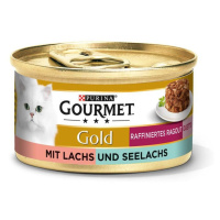 Krmivo pro kočky značky GOURMET Gold Rafinované ragú Duetto s lososem a treskou tmavou 12 × 85 g