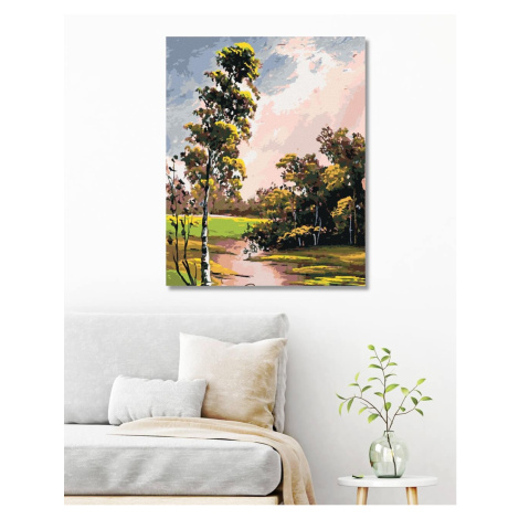 Diamondi - LETNÍ KRAJINA S BŘÍZOU A JEZÍRKEM, 40x50 cm, bez rámu a bez vypnutí plátna