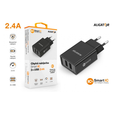 Chytrá síťová nabíječka ALIGATOR 2.4A, 2xUSB, smart IC, černá