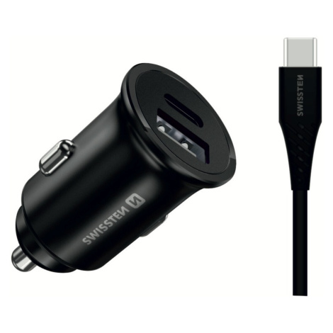SWISSTEN CL kovový adaptér do auta 25W (Samsung)+kabel USB-C/USB-C černý