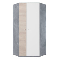Rohová šatní skříň Amasi (beton, bílá, dub)