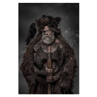 Ilustrace Viking warrior Odin man with crows, Lorado, 26.7 × 40 cm